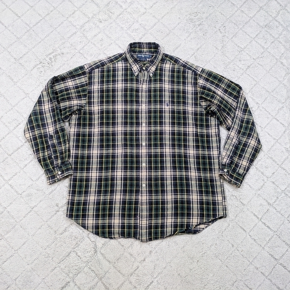 Ralph Lauren Shirt Mens XL Blue Green Plaid Flannel Blake Heavy Cotton Button Up